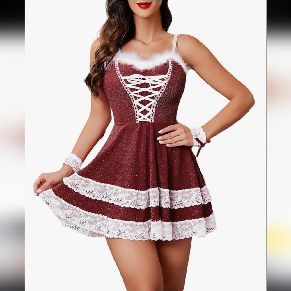 AVIDLOVE | Women's Dark Red w/ White Lace Santa Cosplay Babydoll Lingerie Dress
